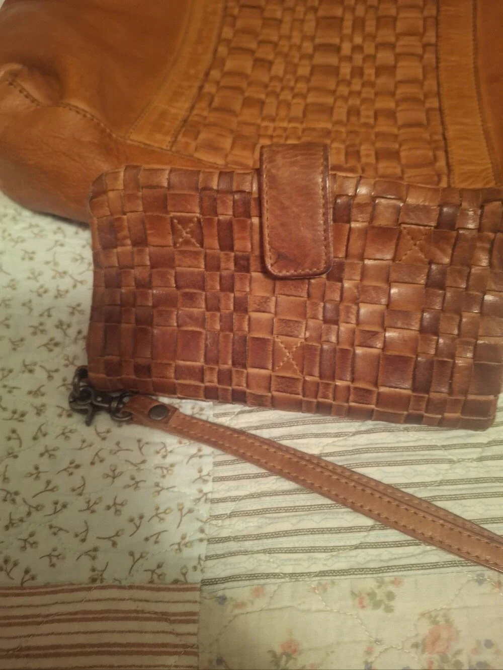 Tan Leather Woven-Accent Womens Computer Or Tote Bag